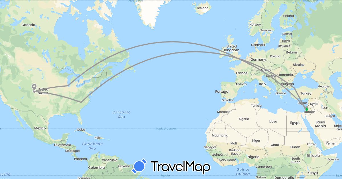 TravelMap itinerary: driving, bus, plane in United Kingdom, Israel, Jordan, Lebanon, Turkey, United States (Asia, Europe, North America)